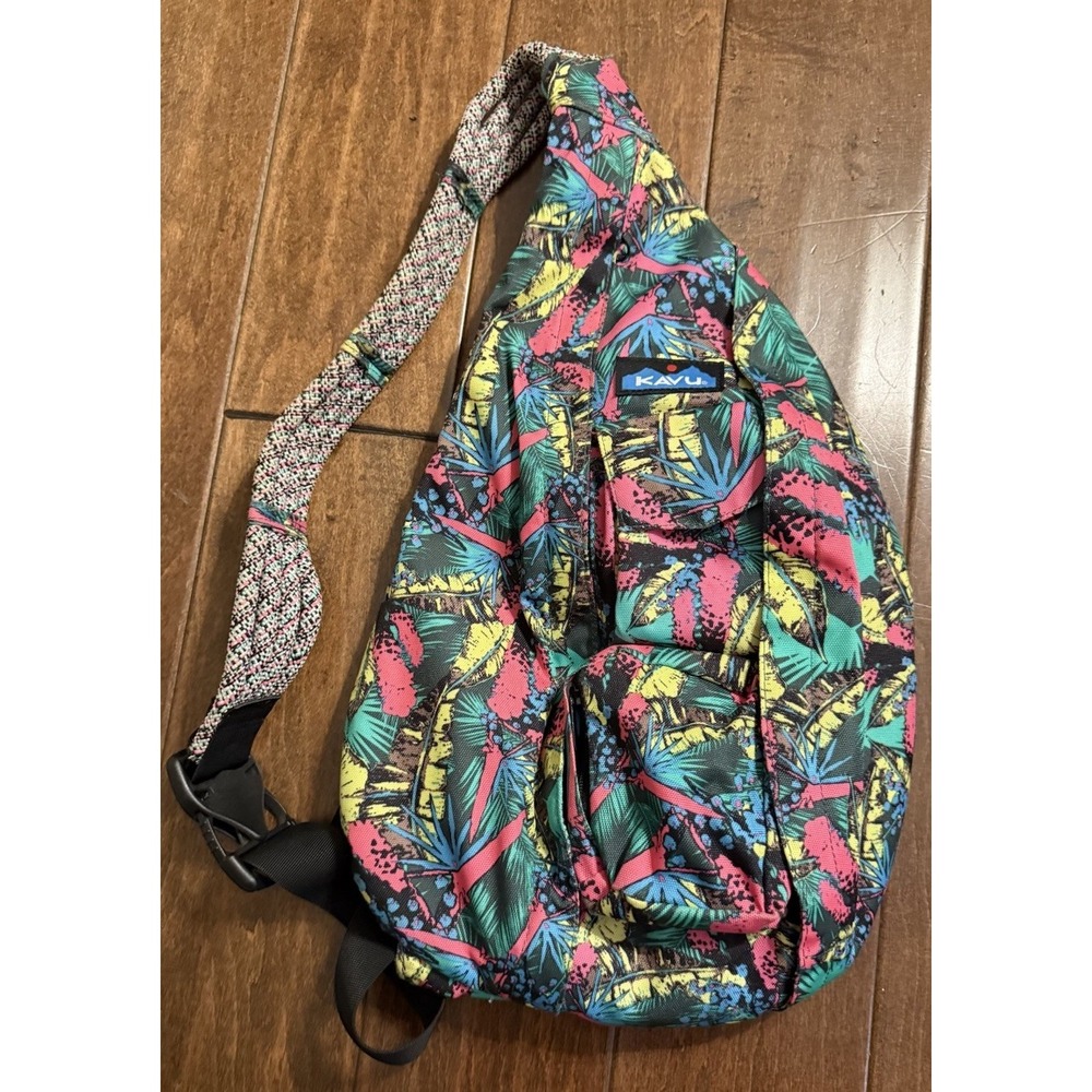 KAVU Rope Sling Bag Crossbody Tropical Floral Pink Green NWOT